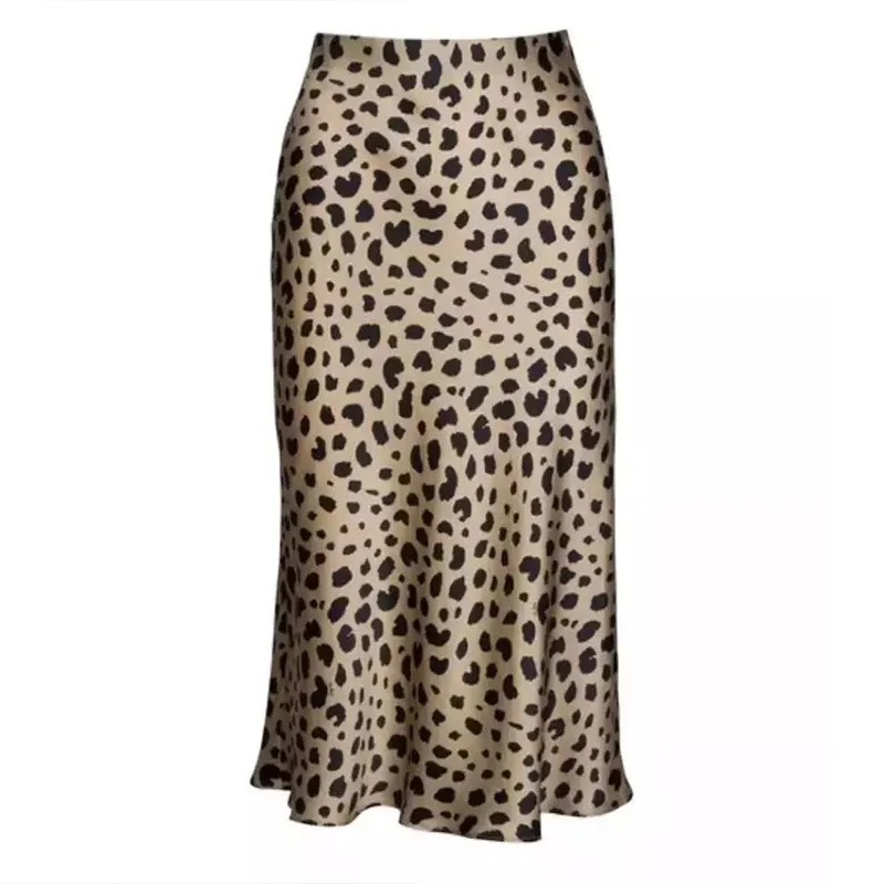 Лидер продаж, леопардовая юбка средней длины с высокой талией, Женская юбка со скрытым эластичным поясом, шелковая атласная юбка, Женская юбка с животным принтом