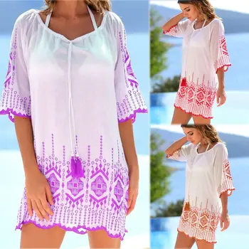 

2020 New Women Print Beach Cover-up Swimsuit Boho Casual Bandage Cardigan Loose Swimswer Beach Bikini Cover Up Bating Suit