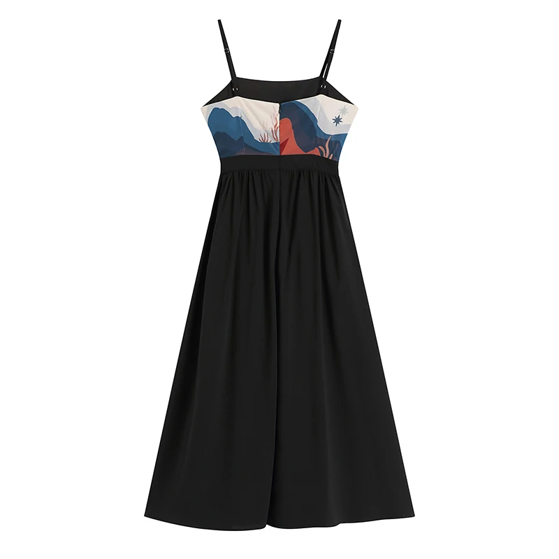 [EAM] Women Black Pattern Printed Long Spaghetti Strap Dress New Sleeveless Loose Fit Fashion Tide Spring Summer 2020 1DA358