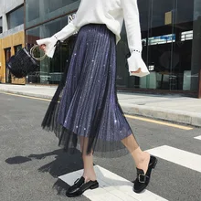Шикарные плиссированные юбки из вуали Женские повседневные однотонные осенние юбки до середины икры с эластичной резинкой на талии женские Faldas Mujer Moda