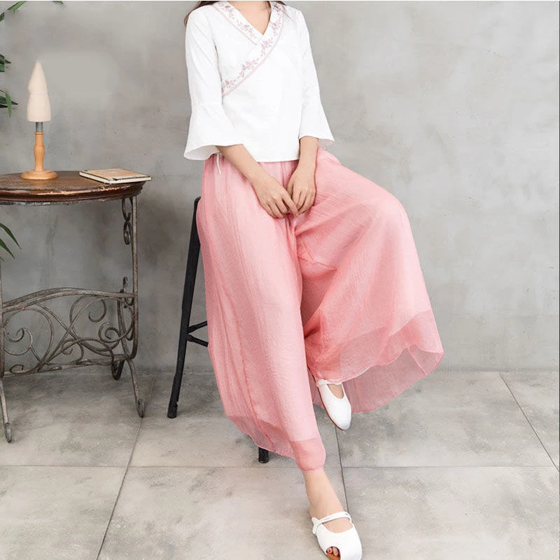 AECU Women Pant Wide Leg Solid Color Culottes Pant Female High Waist Thin Chiffon Plus Size Casual Ladies Culottes Trousers