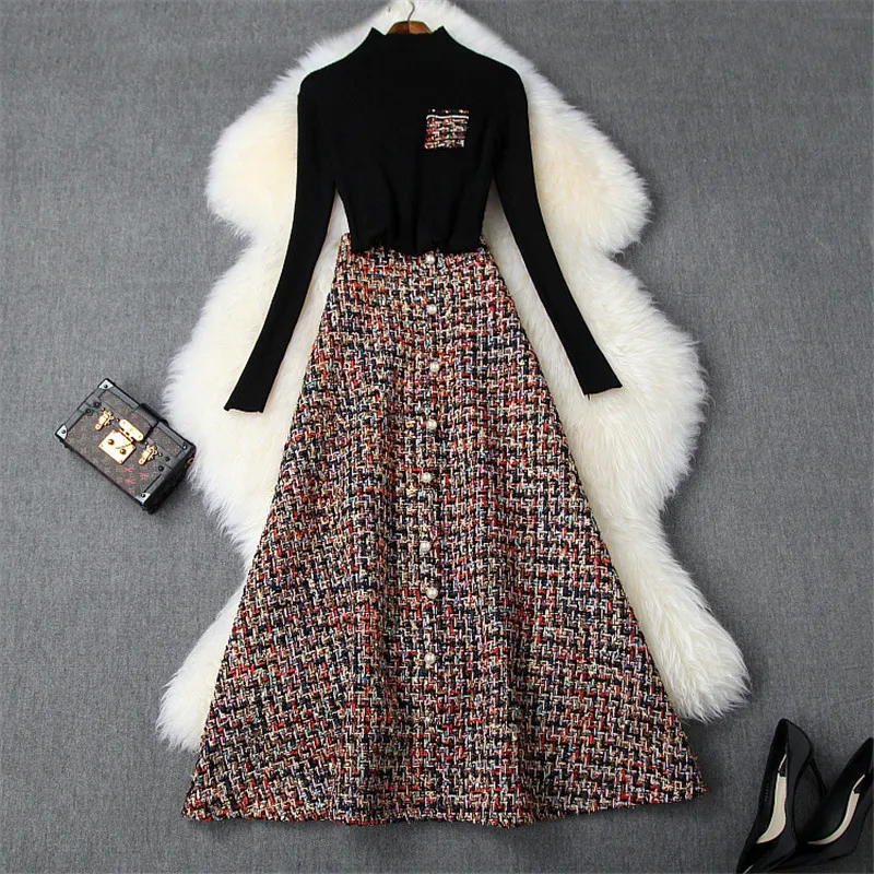 Дизайнерский комплект из 2 предметов с юбкой для подиума, Женская мода, осенне-зимняя одежда, черный свитер и длинная твидовая шерстяная юбка, костюм-двойка - Цвет: Черный