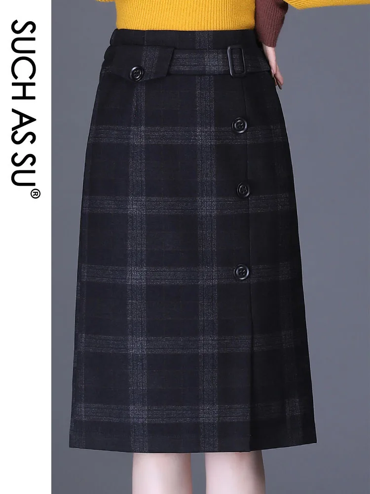

SUCH AS SU Fall Winter Women 2020 Black Lattic Button Knit High Waist S-3XL Plus Size Pencil Knee-Length Split Skirt Female