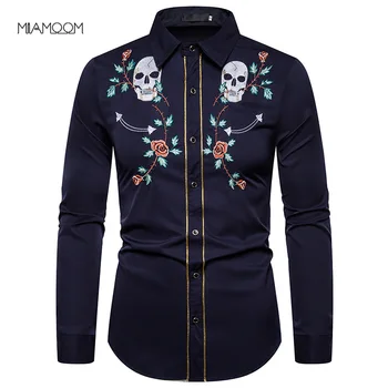 

MIAMOOM Men's Fashionable Shirt with Printing Cranial Rose Embroidery Long Sleeve Shirt Camisa Masculina
