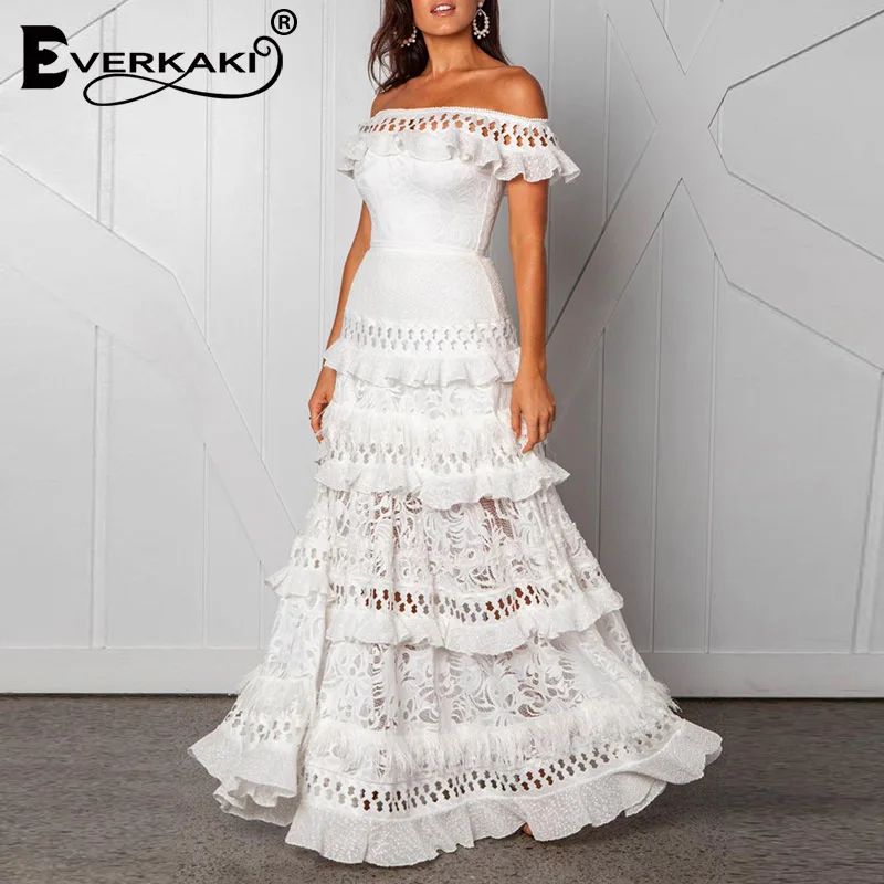 Everkaki Boho белые макси платья женские свадебные оборки, открытые плечи элегантные женские ночные платья Длинные платья женские Новые - Цвет: White