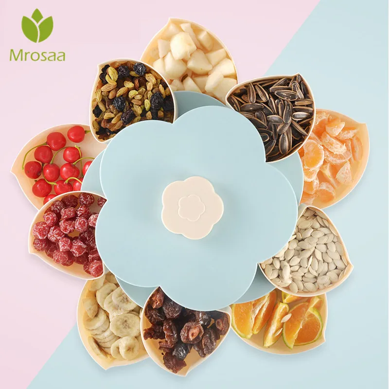 

Petal Shape Rotating Snack Box Candy Tray Food Storage Box Wedding Candy Plates Double Layer Nuts Dried Fruit Organizer Case
