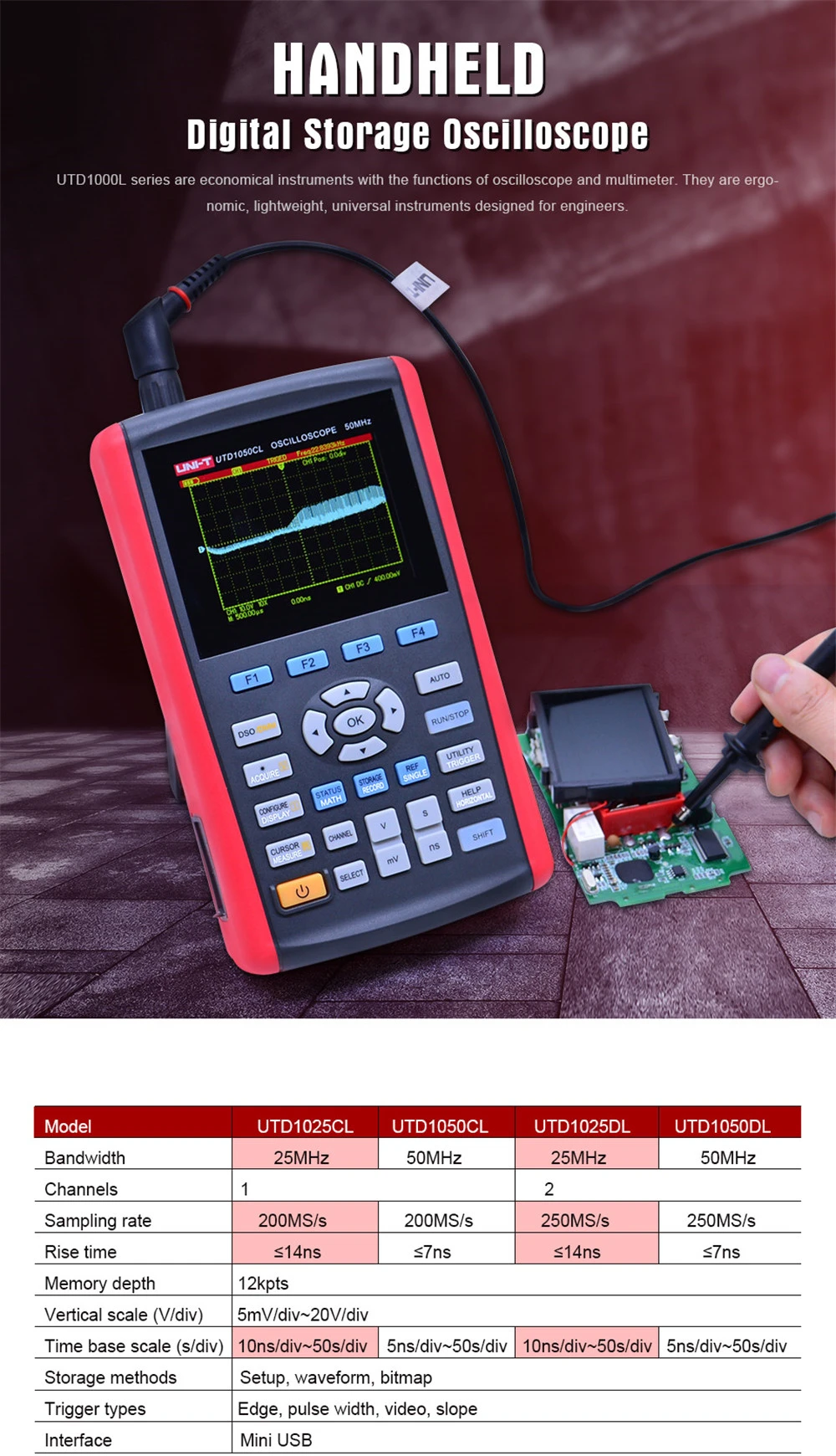 UNI-T UTD1000L серии ручной цифровой осциллограф UTD1025CL/UTD1050CL/UTD1025DL/UTD1050DL ЖК-цифровой дисплей