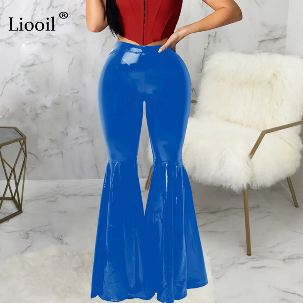 Liooil брюки-клеш из искусственной кожи с высокой талией,, уличная одежда, Сексуальные клубные обтягивающие брюки, женские облегающие брюки черного и красного цвета