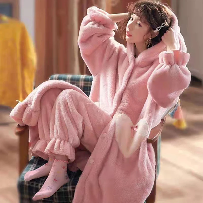 Djeanxa Women's Fleece Pajamas Set - Soft Flannel Sleepwear, Long Sleeve, 2-Piece Winter PJs