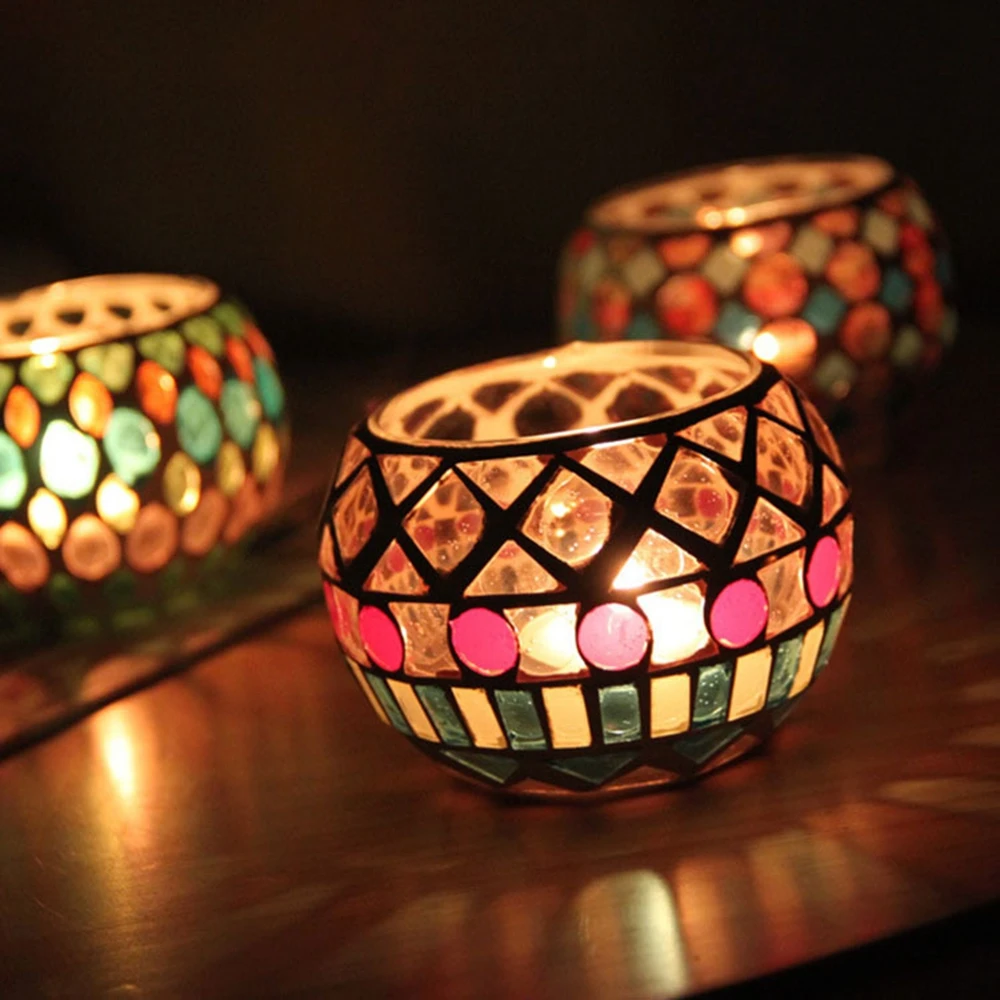 Moroccan Mosaic Glass Candle Holder Romantic Candlelight Dinner Candlestick Home Tabletop Decoration candle holders