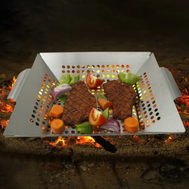 Rozsdamentes Acél Négyzet Alakú Zöldségrács Tálca Perforált Grilltálcával Kültéri Barbecue Szerszám - Image 6