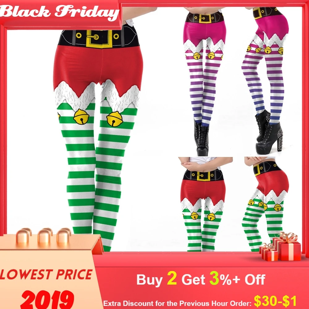 Женские рождественские леггинсы с принтом колокол в полоску, обтягивающие узкие брюки с высокой талией, брюки, леггинсы Mujer