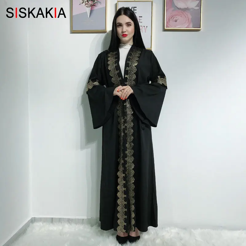 Siskakia мусульманское платье абайя черное Горячее тиснение печать открытые платья для женщин Арабский Кимоно размера плюс расклешенный рукав с поясом