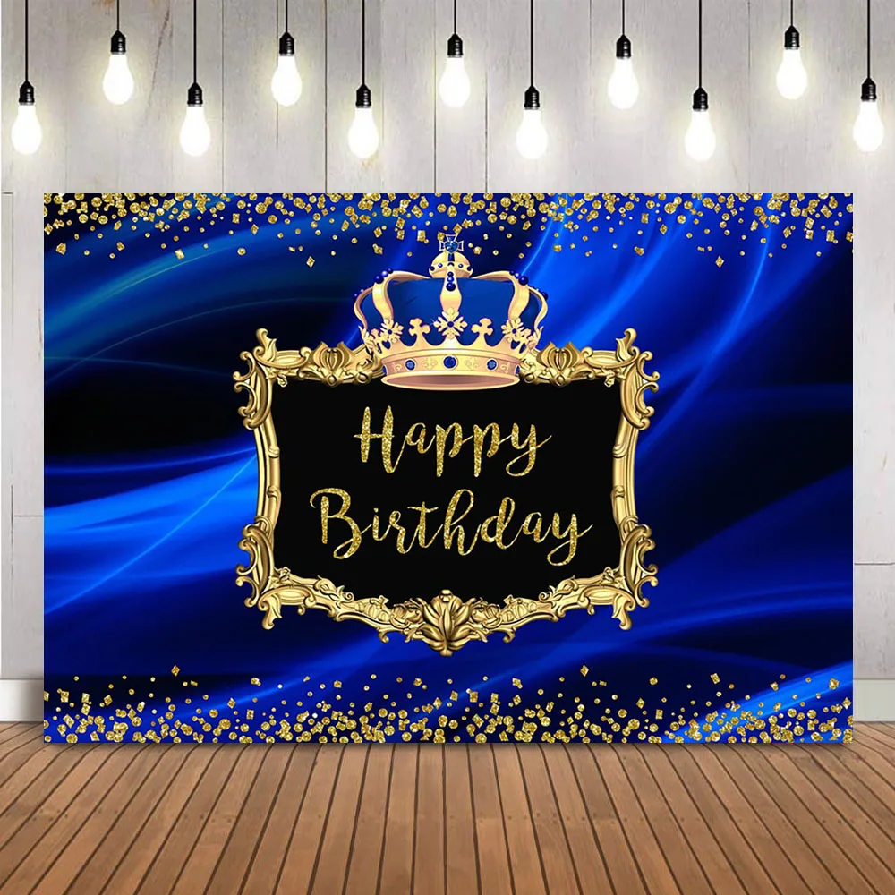 

Blue Birthday Backdrop Prince Royal Blue Crown Background for Photo Studio Gold Glitter Kids Birthday Theme Party Decoration