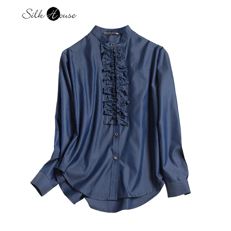 

Autumn and winter new silk denim silk silk ear edge French designer long sleeve shirt