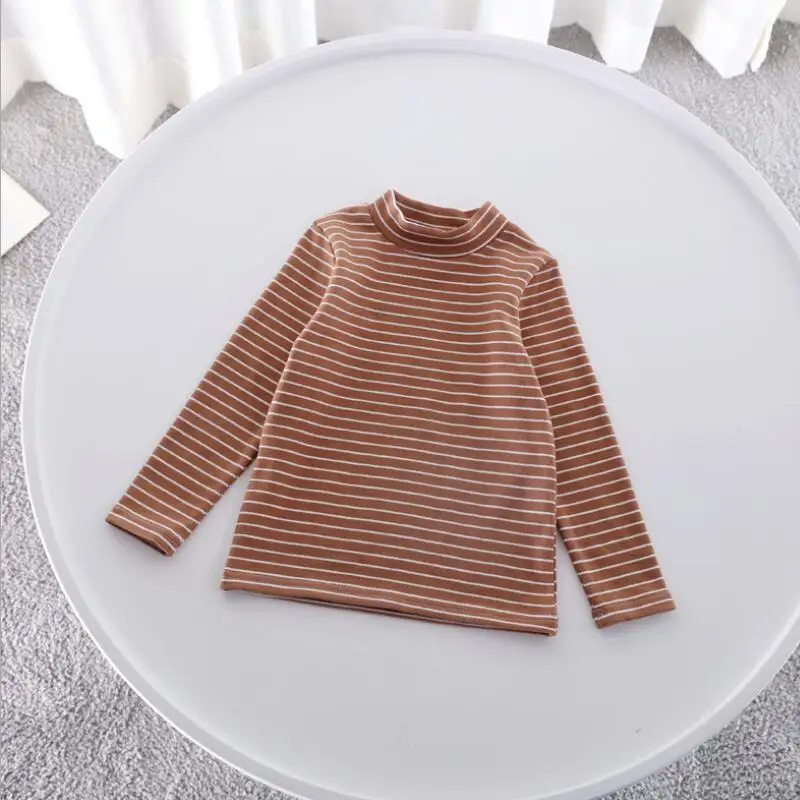 Весенне-осенне-зимняя футболка для маленьких мальчиков и девочек топы в полоску, детские футболки с воротником под горло хлопковые базовые футболки для мальчиков и девочек