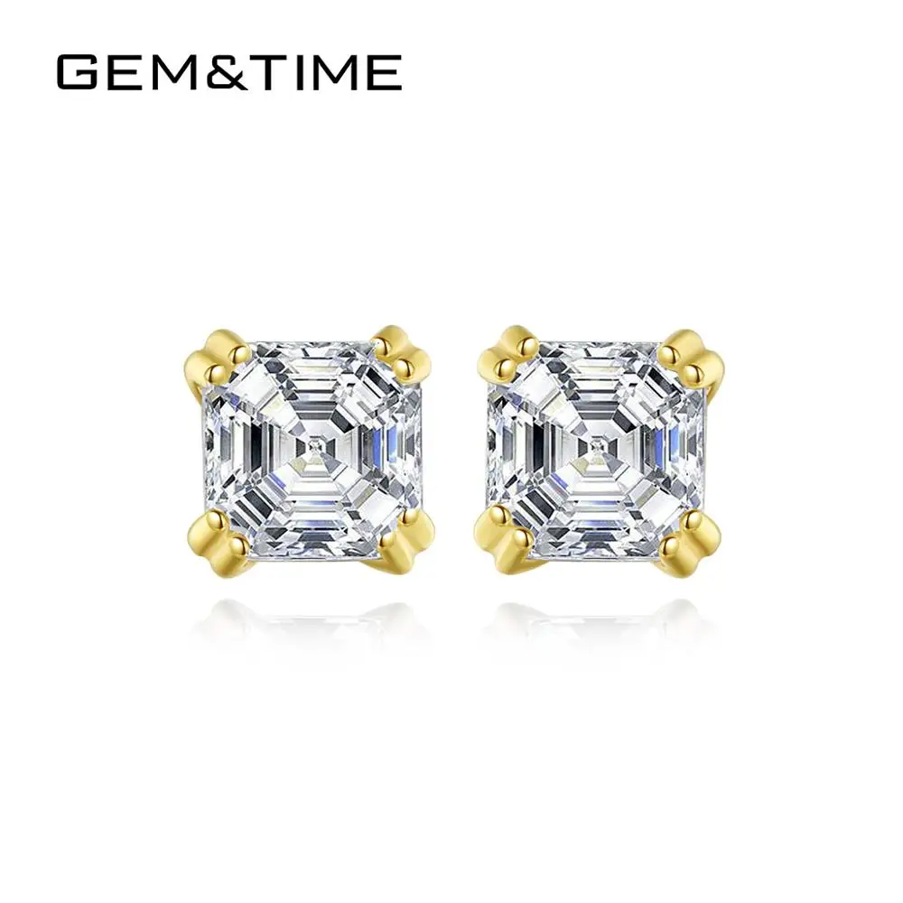 Gem&Time, элегантные, 14 к золотые маленькие квадратные циркониевые серьги-гвоздики для женщин, желтое золото, AAA CZ, свадебные серьги для невесты, E14153