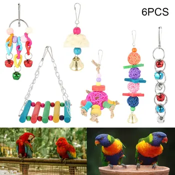 

6PCS Parrots Toys Chew Bite Rattan Balls Grass Swing Bell Swing Stand Hanging Parrot Toy Bird Cage Accessories Pet Supplies