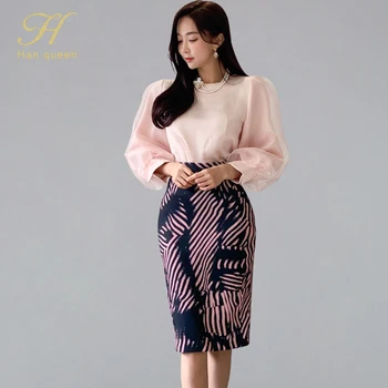 

H Han Queen 2020 Spring 2 Pieces Set Womens Print Elegant Party Evening Sheath Vestidos OL Pencil Bodycon Suit skirt