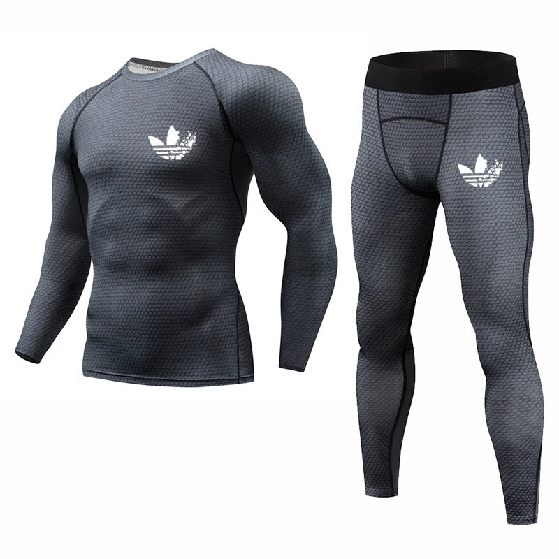 

2Pcs/Set Men's Tracksuit Gym Fitness Compression Sport sets Running shirts+Jogging pants Print Exercise Workout Tights Trousers