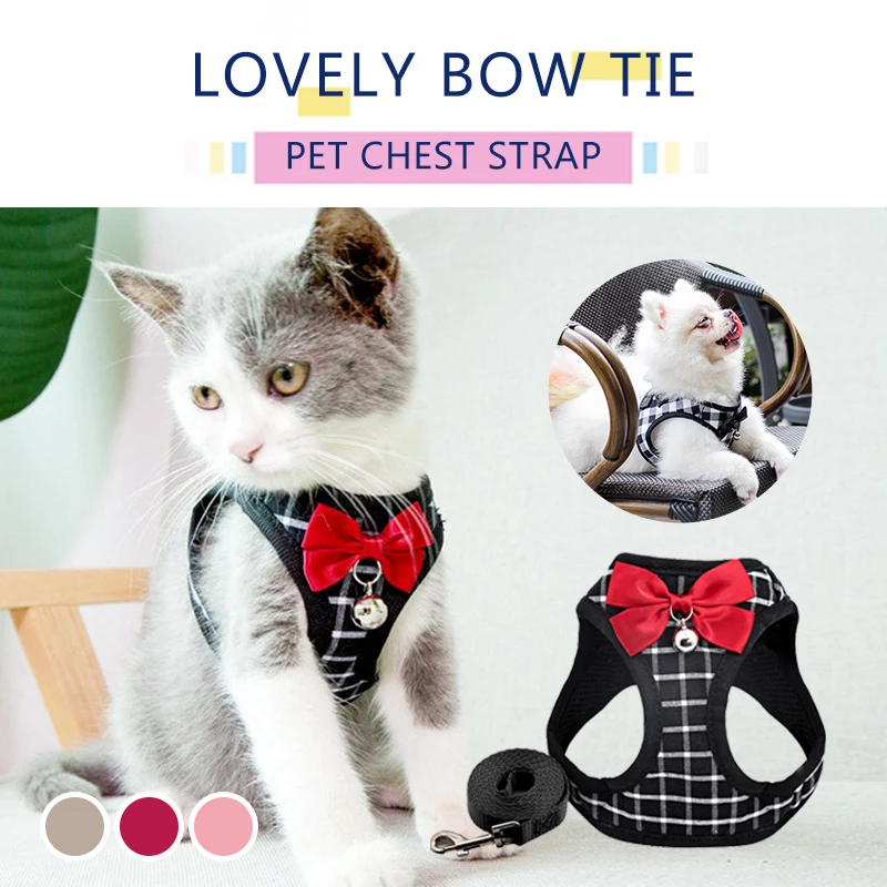 Nylon Mesh Cat Harness Breathable Adjustable Harnesses Leash Set With Bell Cute Bowknot For Kitten Puppy Outdoor Cat Accessories