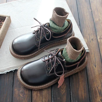 

Genuine Leather Big Head Doll Shoes Thick-Sole Comfort Flats Martin Shoes Literary Retro Casual Shoes Mori Handmade Womens Shoes