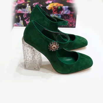 

2020 new purple green square head one-character button crystal rhinestone heel leather thick heel Mary Jane single shoes high