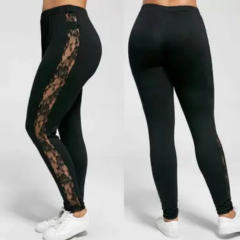 

Plus Size L-3XL Women Sexy Holllow Out Lace Pants Black Insert Sheer Leggings Elastane Leggings