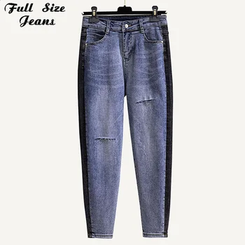 

Plus Size Color Block Big Holes Patchworked Ankle Length Loose Harem Jeans 4Xl Boyfriend Turnip Denim Trousers Carrot Capris