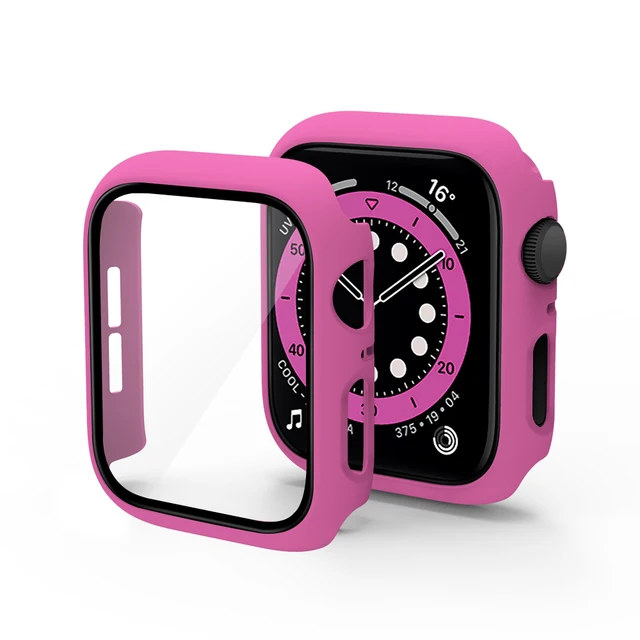 Glass+Case for iWatch Case Cover for Apple Watch Case 45/41mm 44mm 42mm 40mm 38mm Series 7 6 5 4 3 2 1 SE Protector Accessories Rose Red