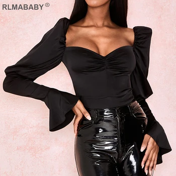 

RLMABABY Sexy Women Black Satin Bodysuit Square Collar Flare Sleeve Rompers Jumpsuit Spring Summer Casual Female Bodysuit Top