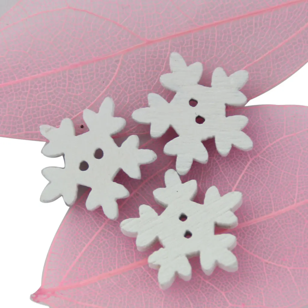 White Wooden Snowflakes Embellishment Buttons with Hole for Sewing Craft Design