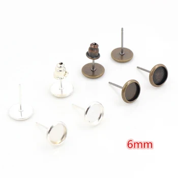 

6mm 20pcs/lot Bright Silver Plated and Antique Bronze Earring Base Studs Ear Cameo Settings Cabochon Base Tray Blank (With Back)