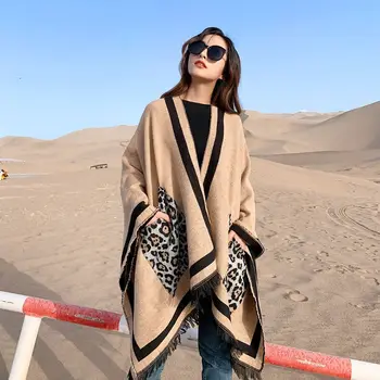 

Women's Leopard Print Pocket Ponchos and Capes Autumn Winter Thicken Warm Scarf Girl Vacation Cloak Cape Scarves Women 2019