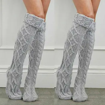 

Winter White Long Warm Leg Warmers Women Knitted Knee High Stockings Over The Knee Boot Topper Pantyhose