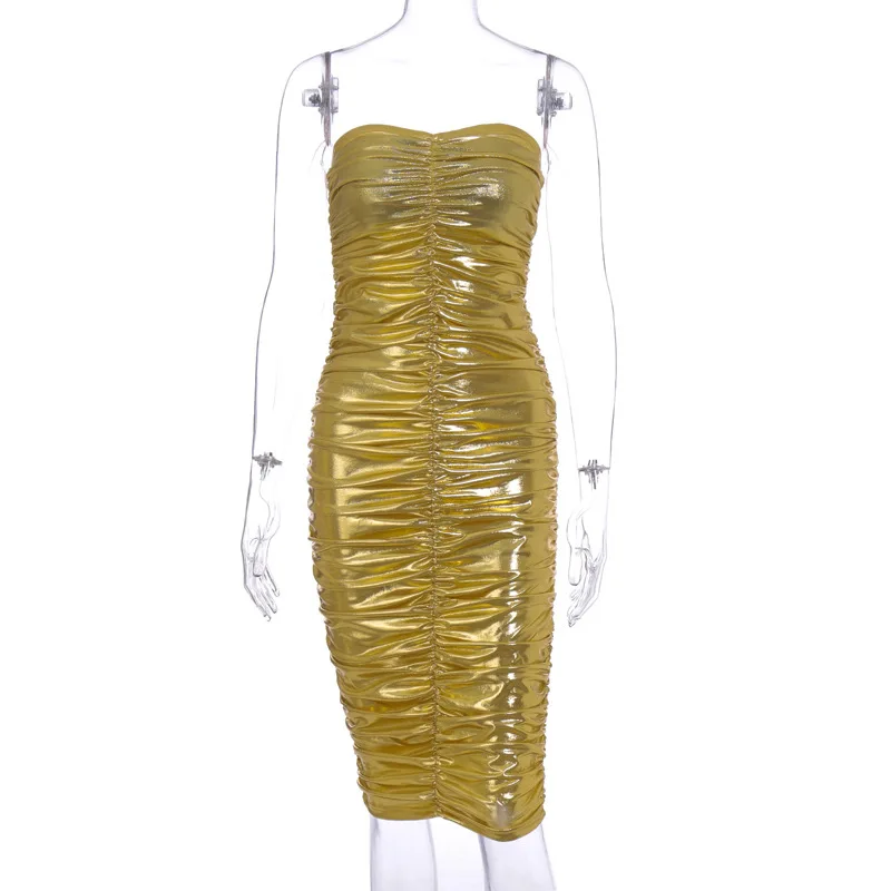 ANJAMANOR, блестящее Золотое сексуальное облегающее платье, женские вечерние платья для ночного клуба, без бретелек, с открытой спиной, с рюшами, миди, Бандажное платье, D70-AC09