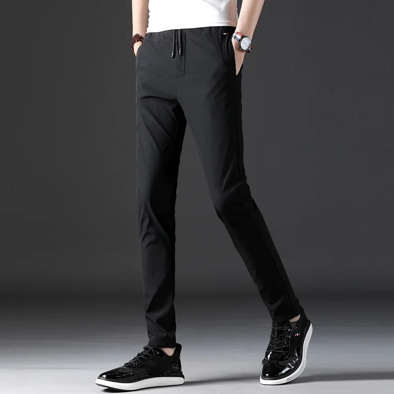 

Spring Korean-style Elasticity Athletic Pants Men Elastic Waist Drawstring Lace-up Slim Fit Quick-Dry Skinny Trousers 808