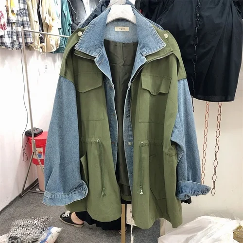 green SuperAen/Новинка года; осенние женские куртки в Корейском стиле; модные повседневные женские куртки из джинсовой ткани; женская одежда на шнурке - Цвет: green