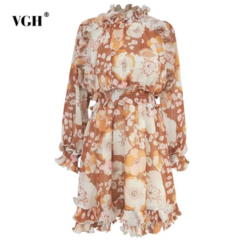 

VGH Casual Print Floral Ruffle Dress For Women O Neck Long Sleeve High Waist Dresses Female Vintage Fashion 2020 Clothing Spring