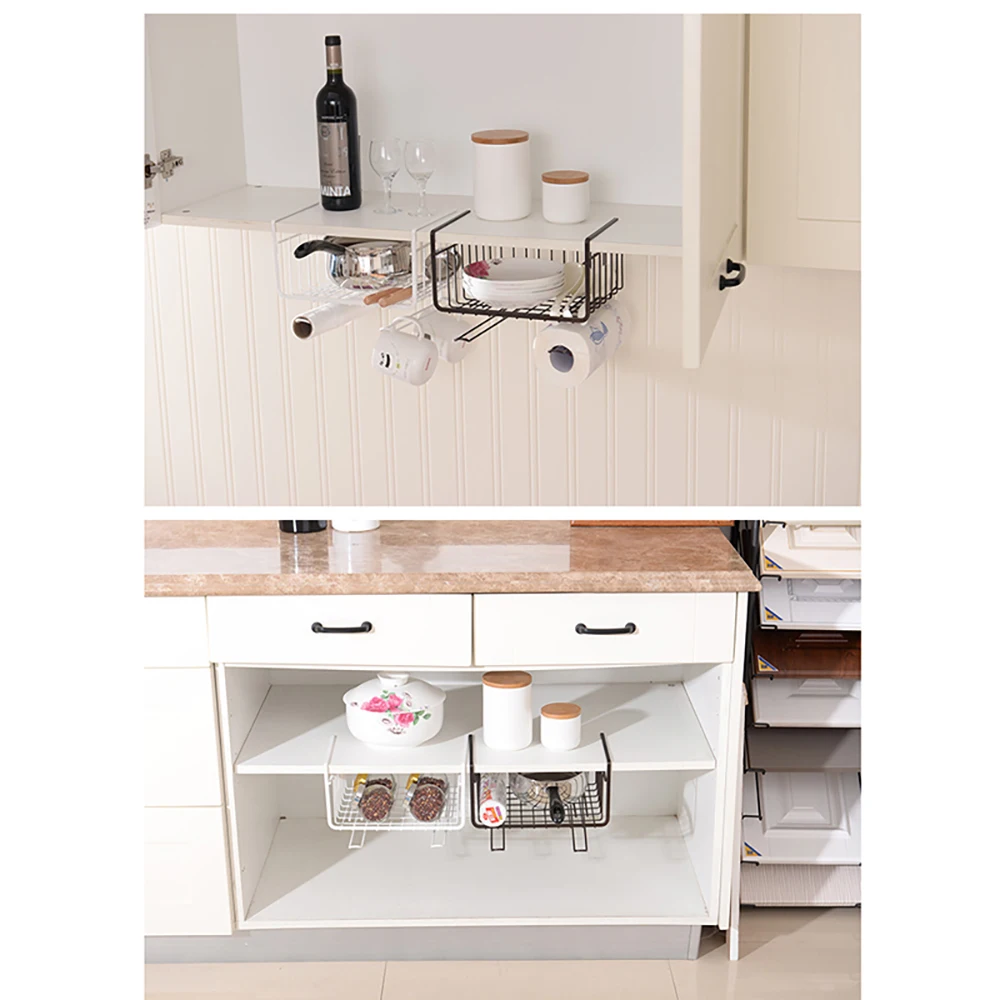 

1PC Iron Cupboard Hanging Basket Closet Shelf Hook Cabinet Storage Rack Holder Bathroom Kitchen Cupboard Organizer Basket