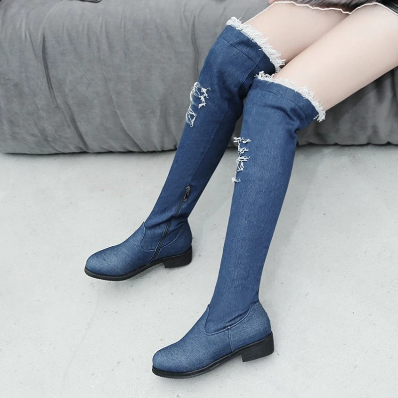 blue denim thigh high boots