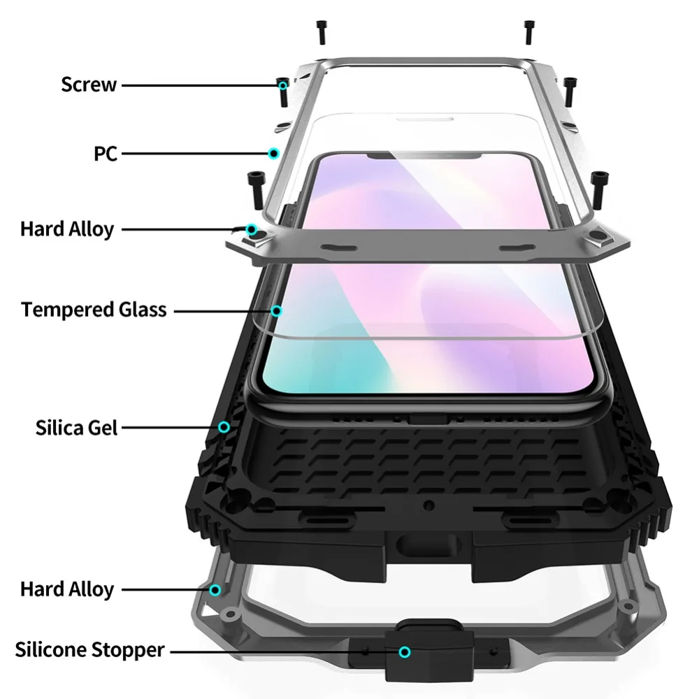 For iPhone 11 Pro Max XS XR XS Max X Metal Aluminum Armor Shockproof Heavy Duty Waterproof Case protective Cover+Tempered glass (30)
