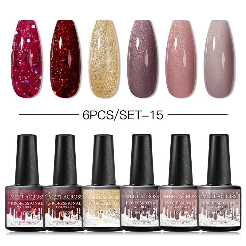 MEET ACROSS 6pcs/set Color Gel Nail Polish Set 8ml Semi Permanent UV Led Gel Varnish Soak Off Nail Lacquers Base Top Coat