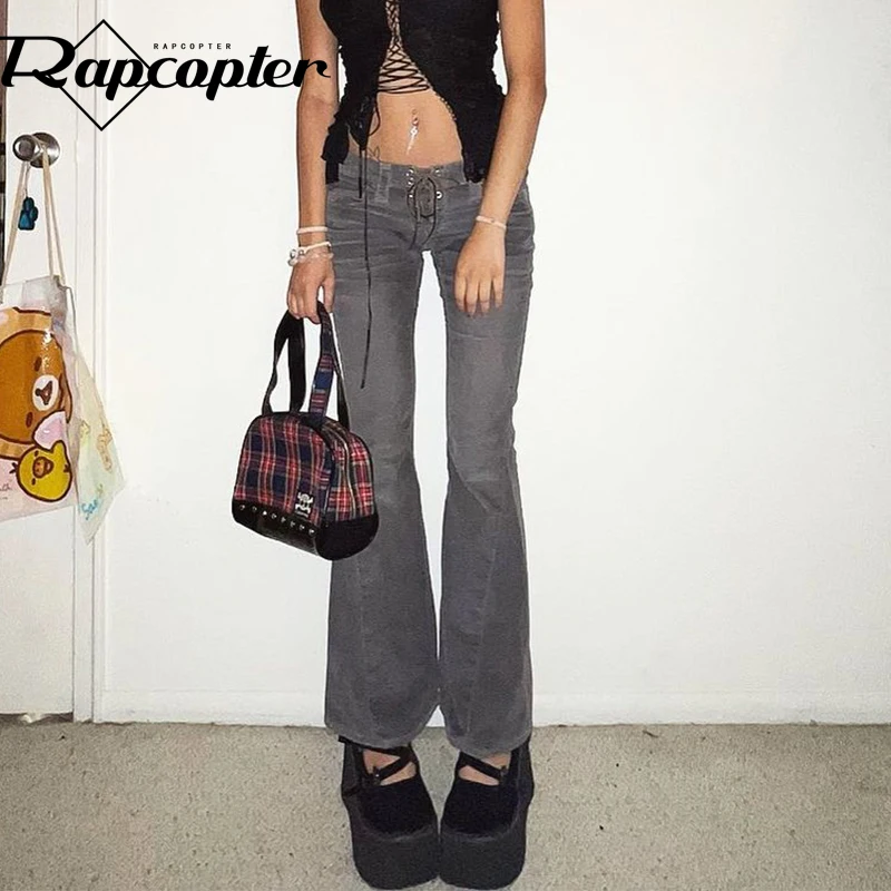 Rapcopter y2k Grey Flare Jeans Lace Up Cute Retro Trousers Low Waisted Patchwork Cargo Pants Aesthetic Korean Chic Women Jeans bootcut jeans