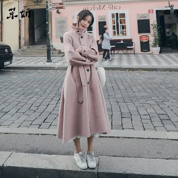 

Winter Cashmere Coat,2019 New Hepburn Style Woolen Women Coat Long Section Turn-down Collar Adjustable Waist Winter Coats