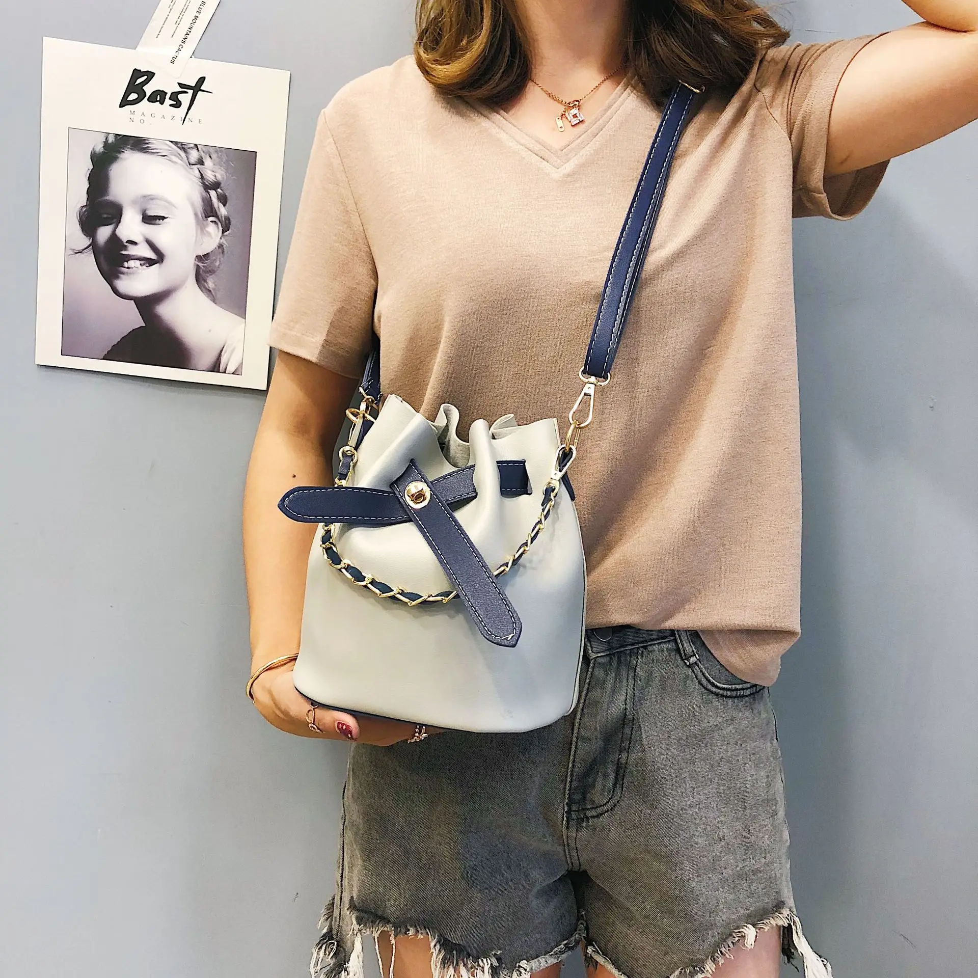 

2018 New Style Fashion Korean-style WOMEN'S Bag Shoulder Oblique Bag INS Bucket Bag Summer GIRL'S Small Shoulder Bag
