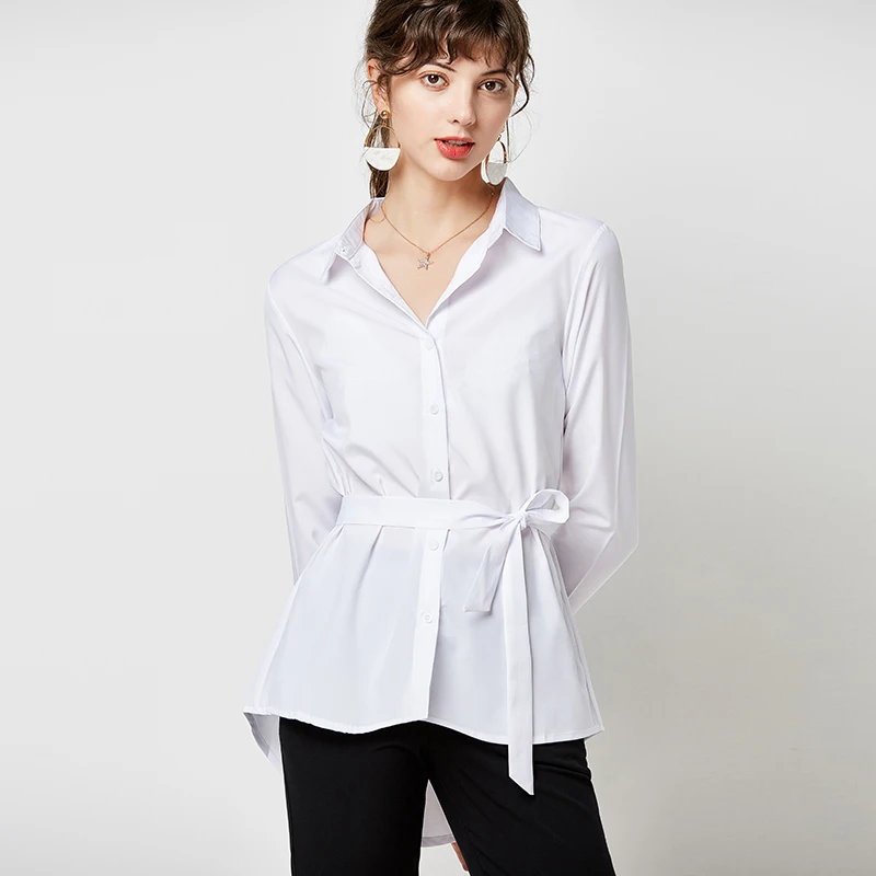 

Solid Color Women Long Shirts Blouse Top With Belt Ladies Spring Blouse Elegant Workwear Blouses Tunic Shirt Blusas