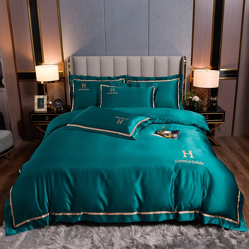 The New 60s Washed Silk Four-piece Light Luxury Embroidered Ice Silk Duvet Cover Sheet Silk Sliding Nude Sleeping Suit 