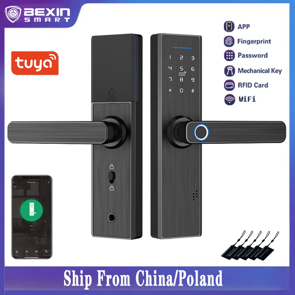 Cerradura de puerta inteligente Tuya, dispositivo de cierre con huella Digital, WiFi, contraseña, tarjeta IC, APP remota