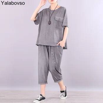 

Female Tracksuit Women 2020 Summer New RETRO Vintage Simple Loose Size Short Sleeve Capris Leisure Sports Two Piece Set
